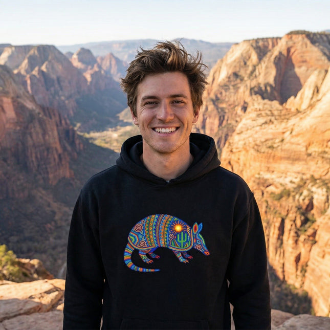 Colorful Huichol Armadillo Hoodie | Mexican Folk Art Tribal Sun Cactus Pullover Hoodie
