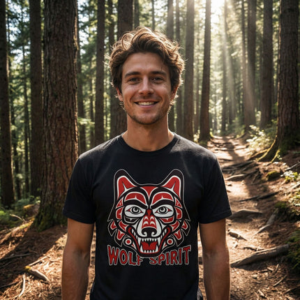 Wolf Spirit T-Shirt | Red & Black Indigenous Formline Wolf Head | Spirit