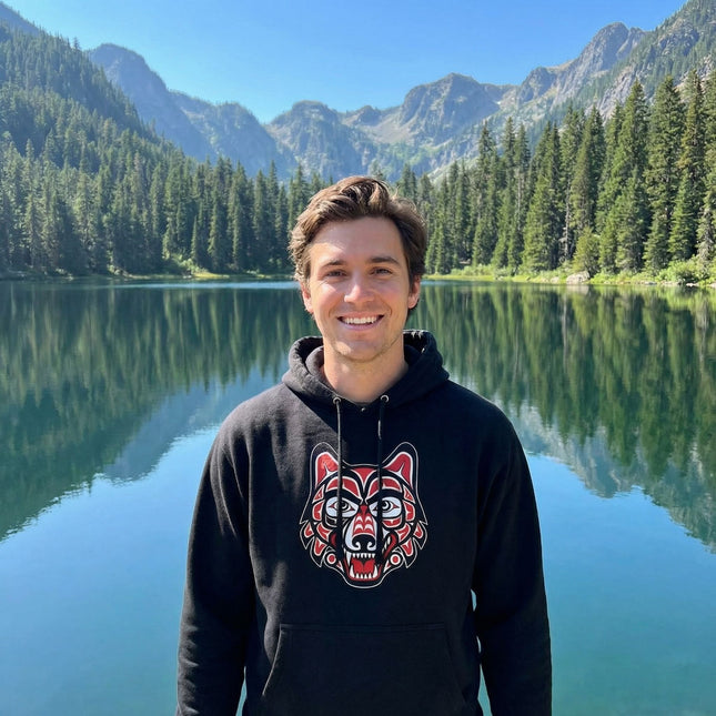 Tribal Wolf Head Art Hoodie | Indigenous Pacific Northwest Pullover Hoodie