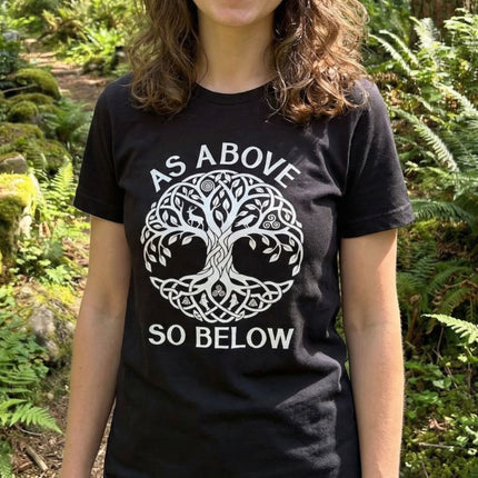 Celtic Tree of Life t-shirt with Yggdrasil knotwork and "As Above So Below" text.