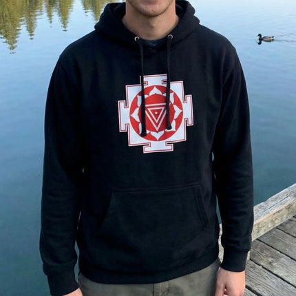 Spiritual Kali Yantra sacred geometry design on a black pullover hoodie.