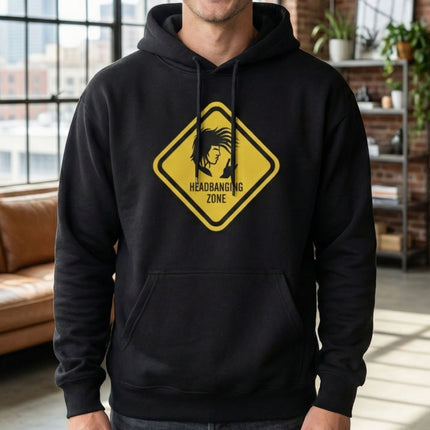 Black hoodie featuring a yellow "Headbanging Zone" warning sign graphic and rock silhouette.