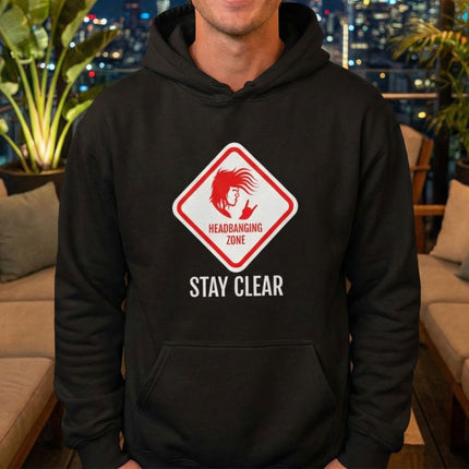 Headbanging Zone Stay Clear graphic on black rock music hoodie.