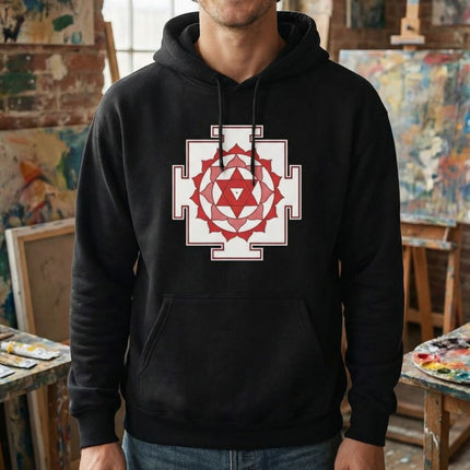 Red and white sacred geometry yantra mandala on a black hoodie.