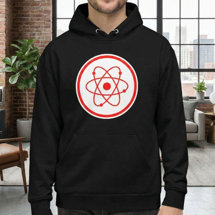Red atomic symbol graphic on a black science physics hoodie.