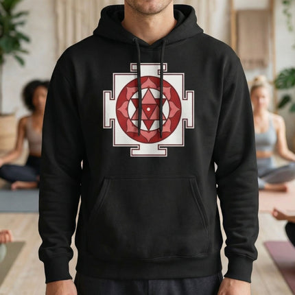 Shiva Yantra sacred geometry print on a black unisex pullover hoodie.