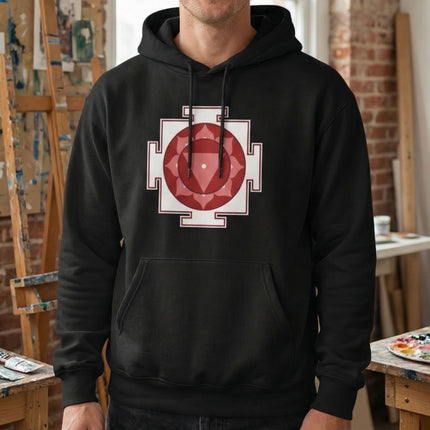 Black hoodie featuring a red sacred geometry yantra symbol.