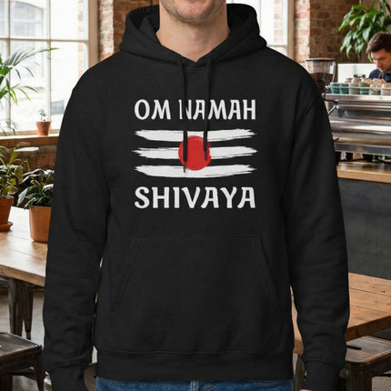 Black hoodie with Om Namah Shivaya mantra and Tripundra stripes for Shiva devotion.