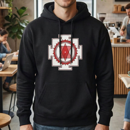 Black hoodie featuring the Tripura Sundari Yantra, a sacred geometry spiritual design print.