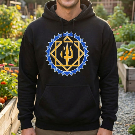 Geometric Shiva Trishula symbol in blue and yellow on a black pullover hoodie.