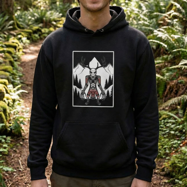 Wendigo Skull Antlers Hoodie | Cryptid Tribal Forest Pullover Hoodie