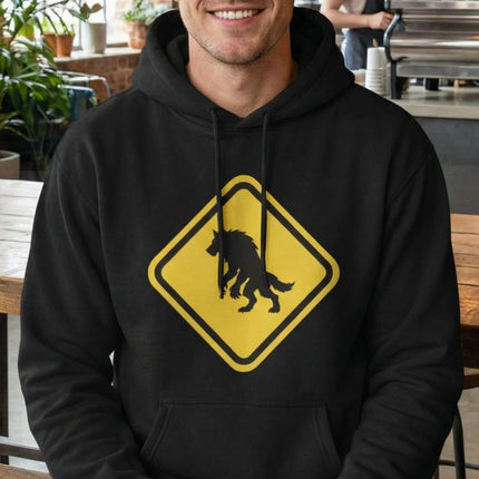 Yellow warning sign graphic featuring a werewolf silhouette on a black hoodie.