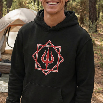 Black graphic hoodie featuring the red Trishula symbol, representing Lord Shiva and Hindu mythology.