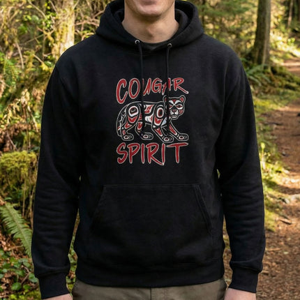 Black pullover hoodie with Cougar Spirit mountain lion graphic art.