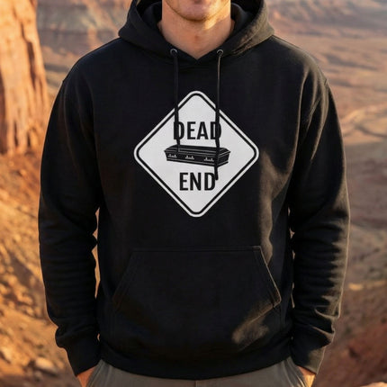 Dead End Coffin Road Sign Hoodie | Dark Humor Graphic Pullover Hoodie