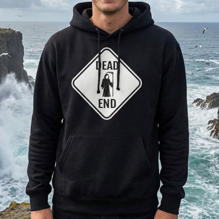 Black hoodie featuring a "DEAD END" sign graphic with a Grim Reaper silhouette.