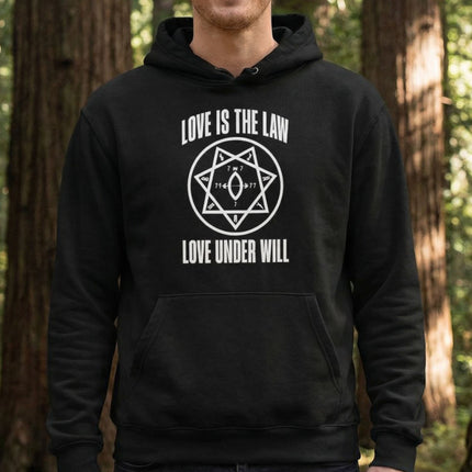 Love Is The Law Thelema hoodie with occult star sigil graphic print.