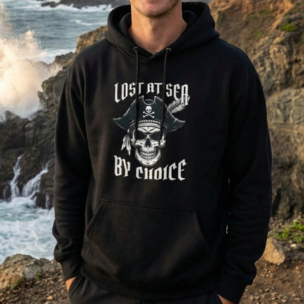 Lost At Sea By Choice pirate skull graphic on a black pullover hoodie.