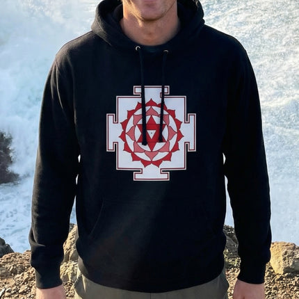 Black hoodie featuring a red and white sacred geometry yantra symbol.