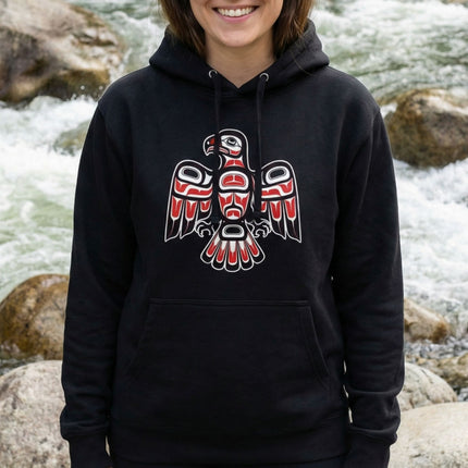 Indigenous Northwest Coast hawk art hoodie with red and white tribal Formline design.