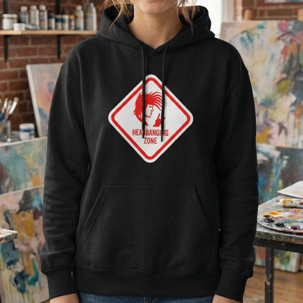 Black pullover hoodie with "Headbanging Zone" rock graphic and devil horns silhouette.