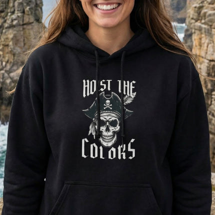 Black pullover hoodie featuring a pirate skull graphic, tricorn hat, and "Hoist The Colors" text.