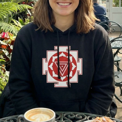Black hoodie featuring the red Kali Yantra sacred geometry symbol for Hindu spirituality.