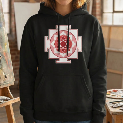 Sacred geometry Kamala Yantra design on a black unisex hoodie.