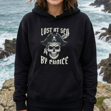 Pirate skull graphic hoodie featuring "Lost At Sea By Choice" nautical text.