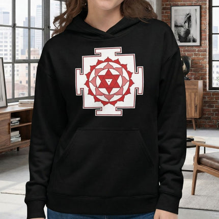 Black hoodie featuring a red and white sacred geometry Yantra symbol print.