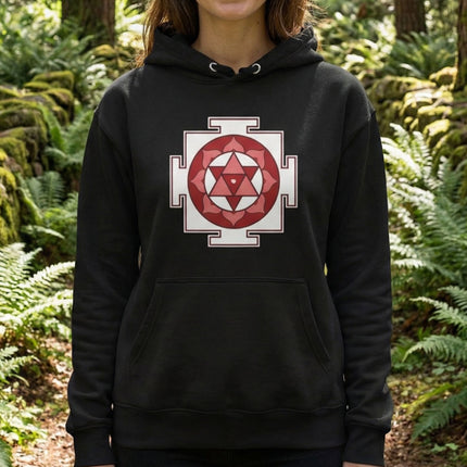 Black hoodie featuring a red and white Shiva Yantra sacred geometry print.