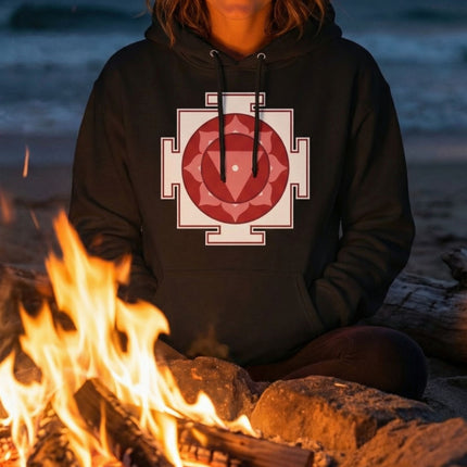 Sacred geometry Yantra symbol graphic on black unisex pullover hoodie.