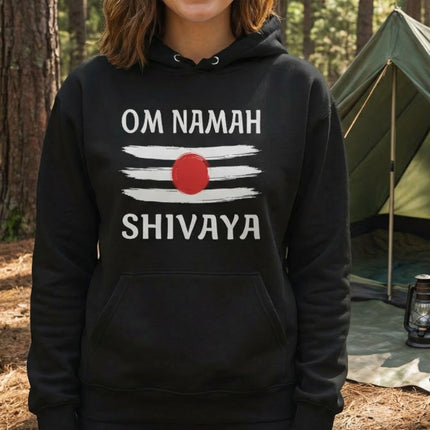 Om Namah Shivaya mantra hoodie featuring the sacred Tripundra design for Shiva devotion.