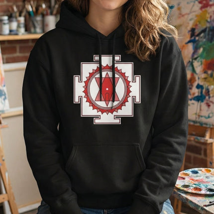 Black hoodie featuring a red and white Tripura Sundari Yantra sacred geometry print.