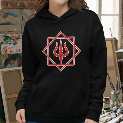 Hindu Trishula symbol graphic on black hoodie, representing Shiva's divine power and spiritual mythology.