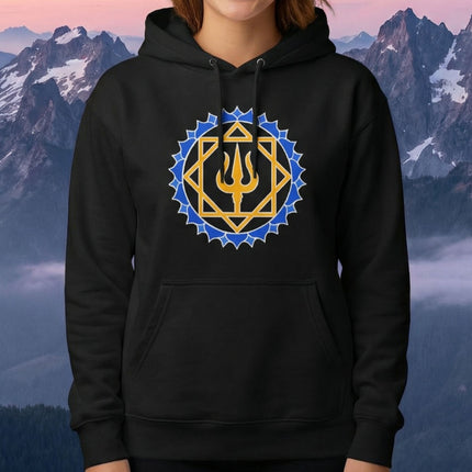 Blue and gold Trishula mandala symbol on a black geometric Shiva hoodie.