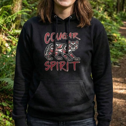 Cougar Spirit graphic hoodie with tribal mountain lion art design.