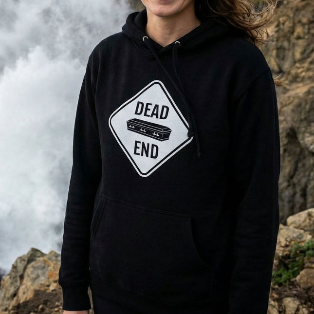 Dead End Coffin Road Sign Hoodie | Dark Humor Graphic Pullover Hoodie