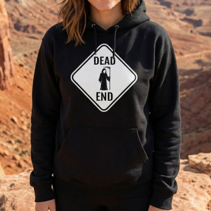 Black hoodie featuring a "Dead End" sign with a Grim Reaper silhouette graphic.