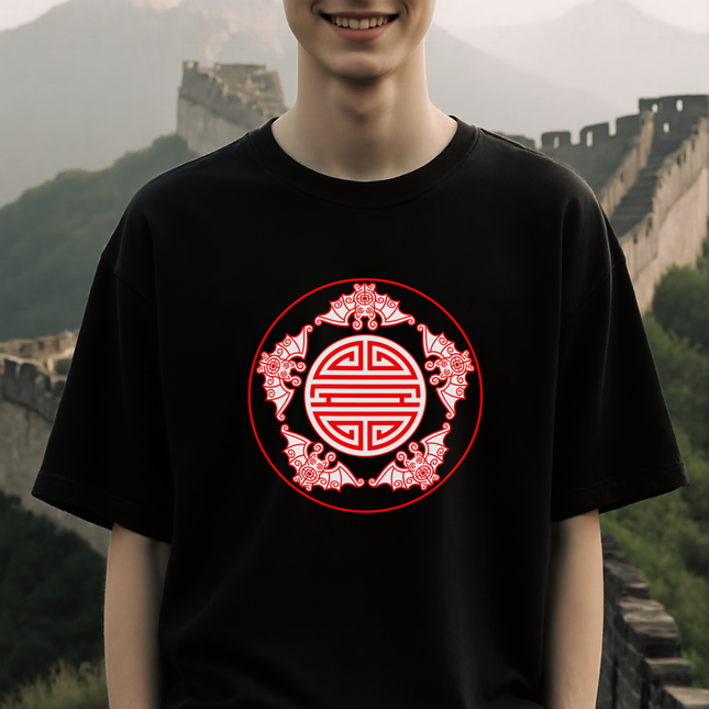 Chinese Five Blessings Bats With Shou Symbol Red White Graphic T-Shirt | V3