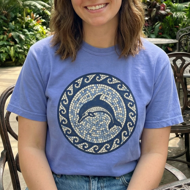 Dolphin Mosaic Art T-Shirt | Blue Marine Sea Life Greek Key Design