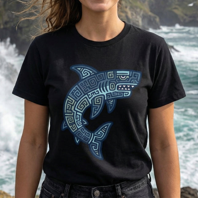 Mayan Tribal Shark T-Shirt | Blue Geometric Design Ocean Tee | Comfort Colors