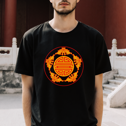 Chinese Five Blessings Longevity Bats T-Shirt | Red and Gold Shou Tee | V2