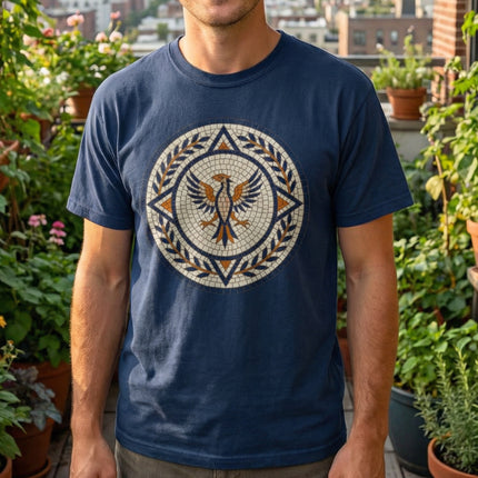 Mosaic Phoenix T-Shirt | Blue Roman Style Mythological Bird Graphic Tee