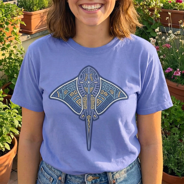 Mayan Stingray T-Shirt | Tribal Geometric Blue Ocean Animal Tee