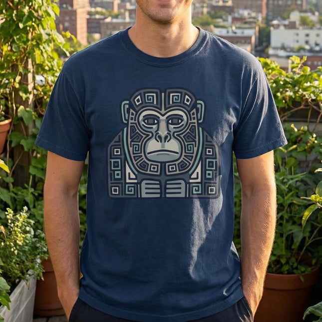 Mayan Monkey Geometric Tribal Art T-Shirt | Blue Green Ape Tee