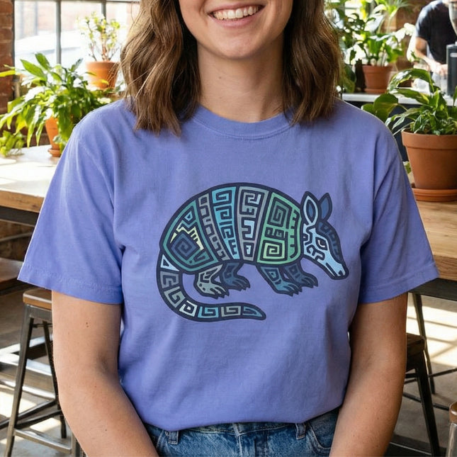 Mayan Armadillo Geometric Tribal Art T-Shirt | Blue Green Graphic Tee