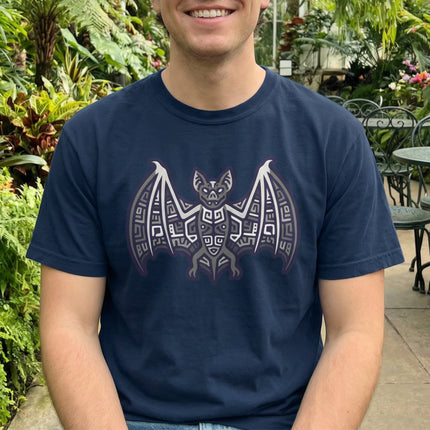 Mayan Bat Symbol T-Shirt | Tribal Geometric Blue & Indigo Graphic Tee