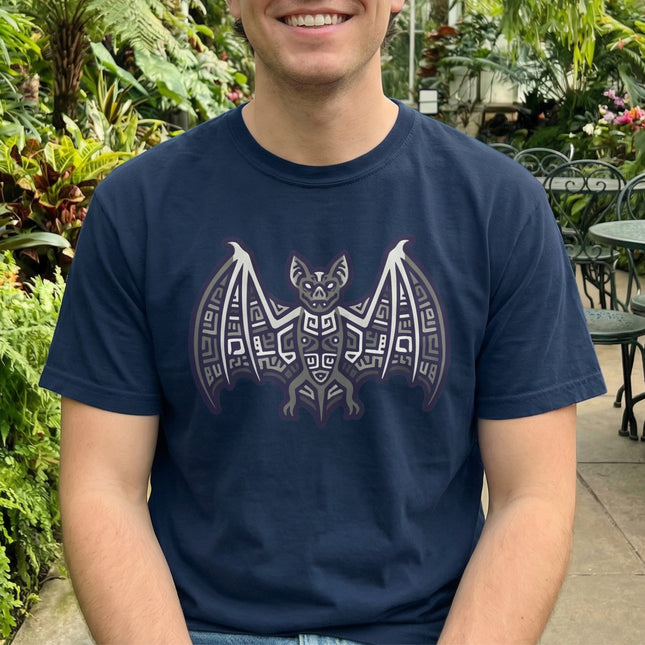 Mayan Bat Symbol T-Shirt | Tribal Geometric Blue & Indigo Graphic Tee