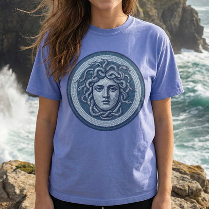 Blue Medusa Mosaic T-Shirt | Greek Mythology Gorgon Head Graphic Tee